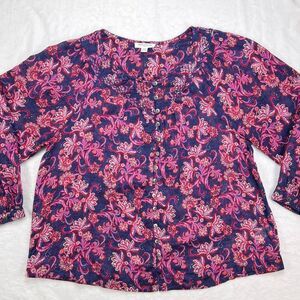 Beach Lunch Lounge Flowy Boho Peasant Top Sheer Purple Floral Button Front M
